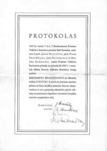Eilėraščių rinkinio „Svetimi kalnai“ apdovanojimo protokolas