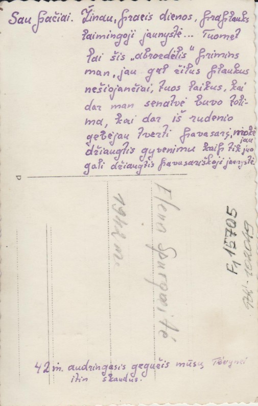 Elenos Spurgaitės autografas ant nuotraukos „Sau pačiai“. 1942 m.