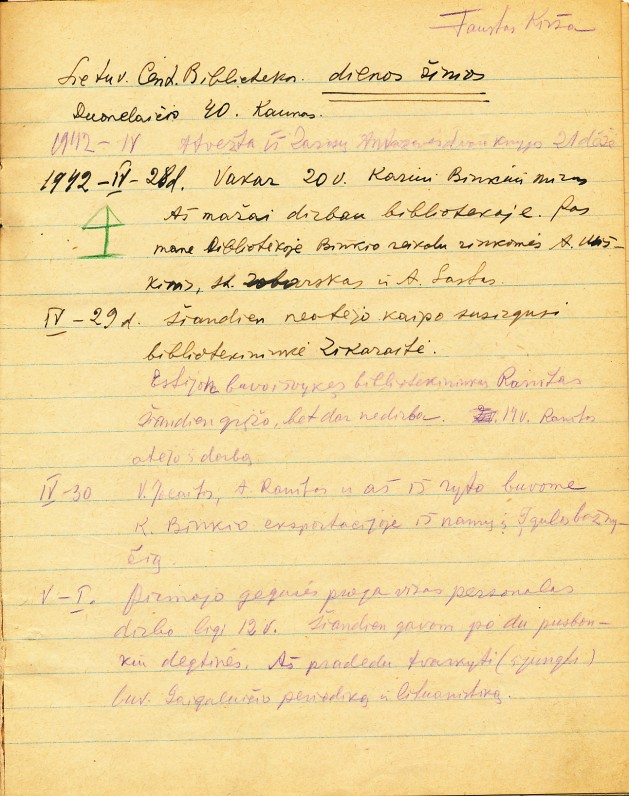 F. Kiršos dienoraščio fragmentas. Kaunas. 1942 m.
