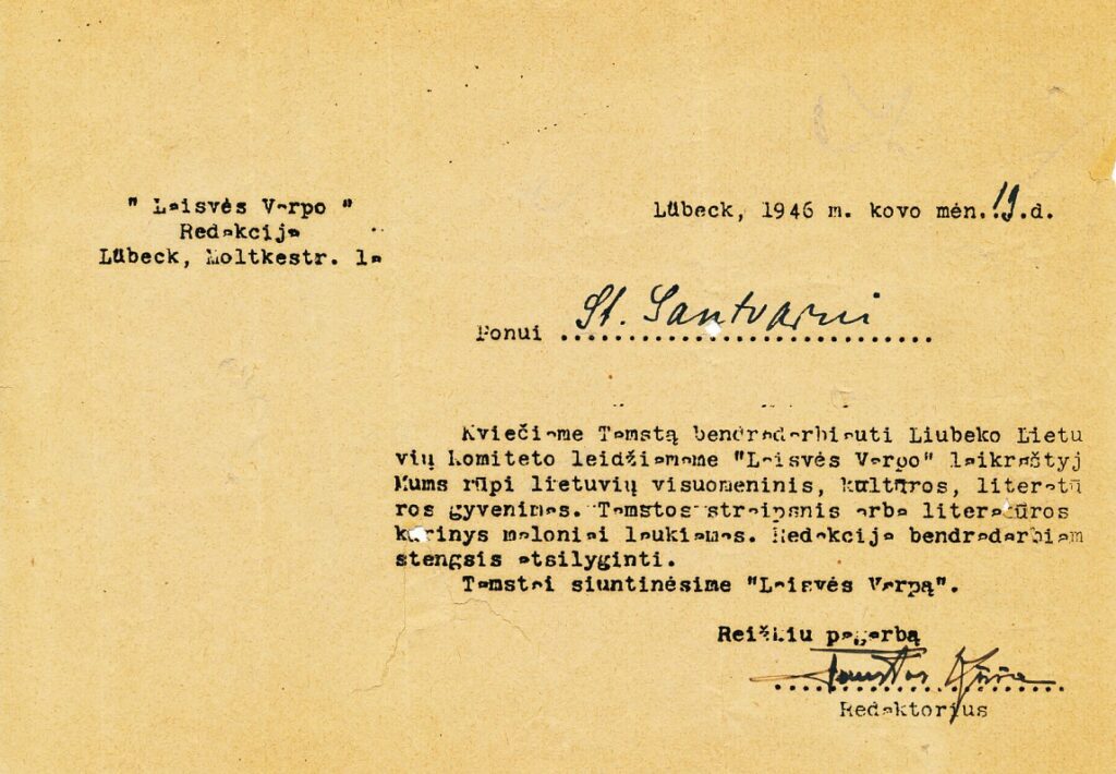 F. Kiršos laiškas S. Santvarui