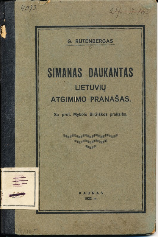 G. Rutenbergas. S. Daukantas – lietuvių atgimimo pranašas. 1922 m.