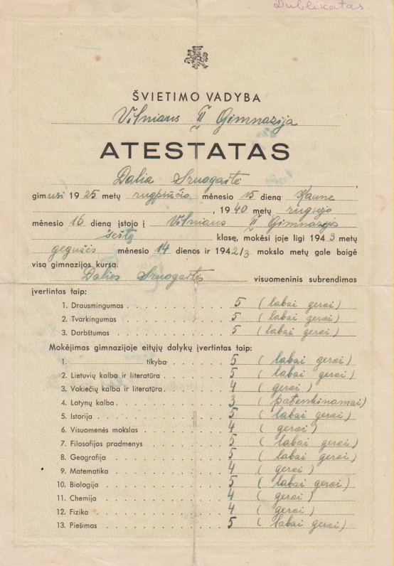 Gimnazijos baigimo atestatas. Vilnius, 1943 m.