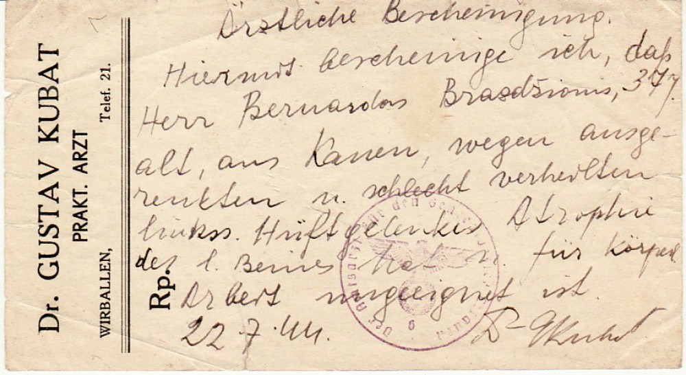 Gydytojo G. Kubat pažyma, išduota B. Brazdžioniui Virbalyje 1944 m. liepos 22 d.