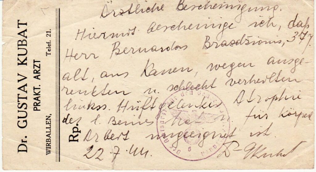 Gydytojo G. Kubat pažyma, išduota Bern. Brazdžioniui Virbalyje 1944 m. liepos 22 d.