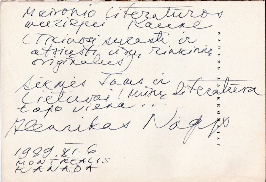 H. Nagio dedikacija Maironio lietuvių literatūros muziejui