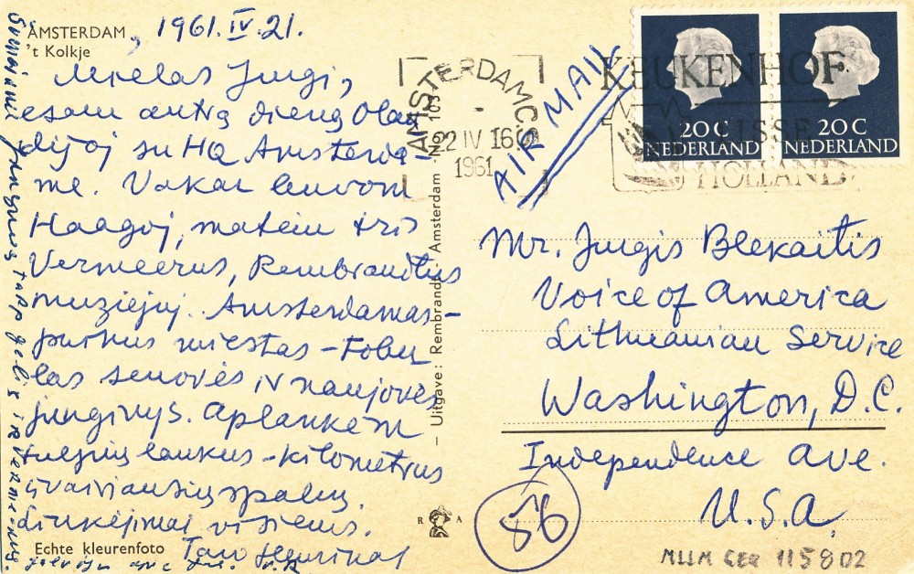 H. Radausko atvirlaiškis J. Blekaičiui iš Amsterdamo. 1961 m.