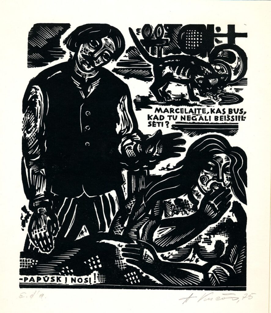 Iliustracija Žemaitės apsakymui „Petras Kurmelis“. Dail. A. Kučas. 1975 m.