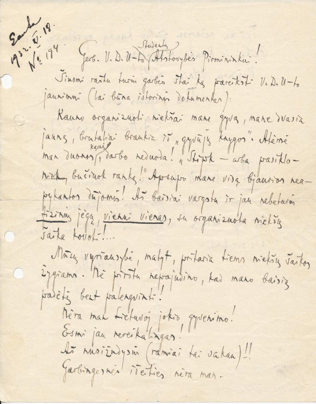 J. A. Herbačiausko laiškas VDU studentų atstovybei. Kaunas, 1933 m.