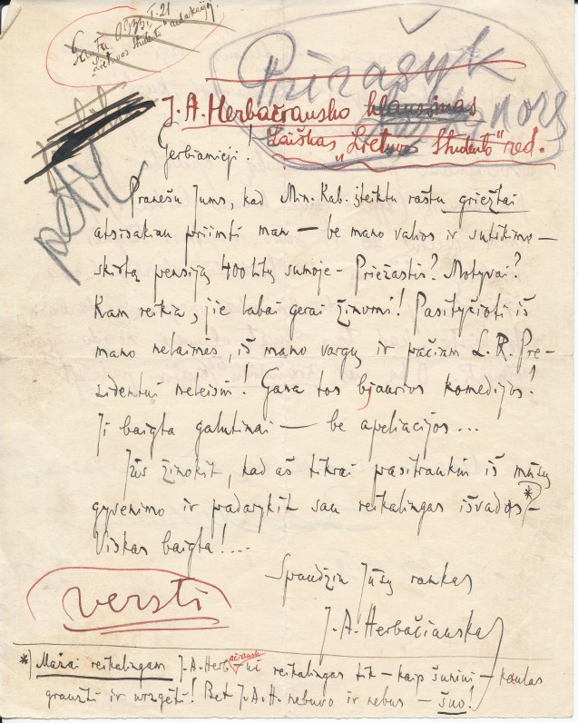 J. A. Herbačiausko laiškas „Lietuvos studento“ redakcijai. Parengtas spaudai, bet uždraustas cenzūros. Kaunas, 1933 m.