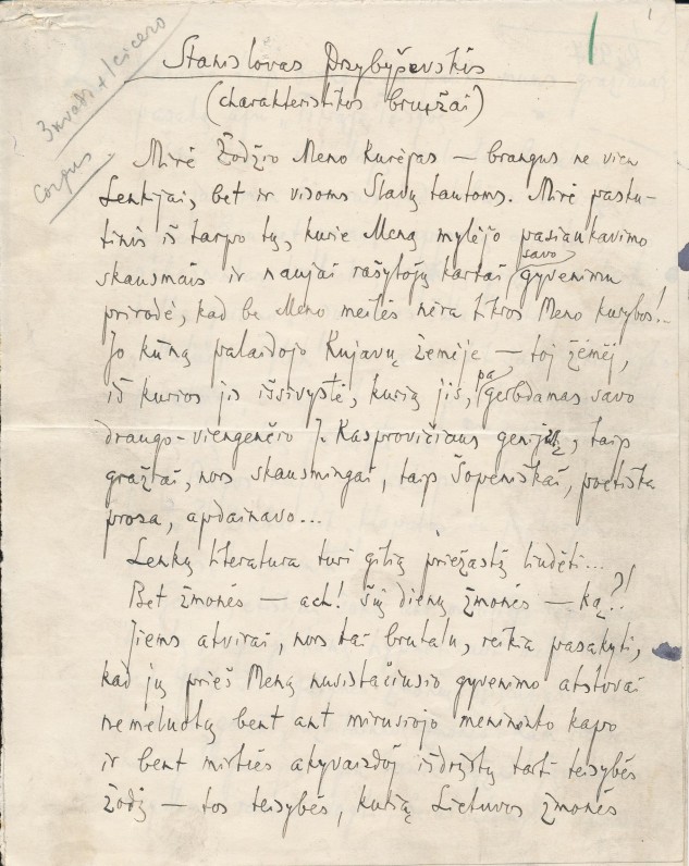 J. A. Herbačiausko rankraštis. Straipsnis apie lenkų rašytoją Stanislovą Pšibiševskį. 1927 m.