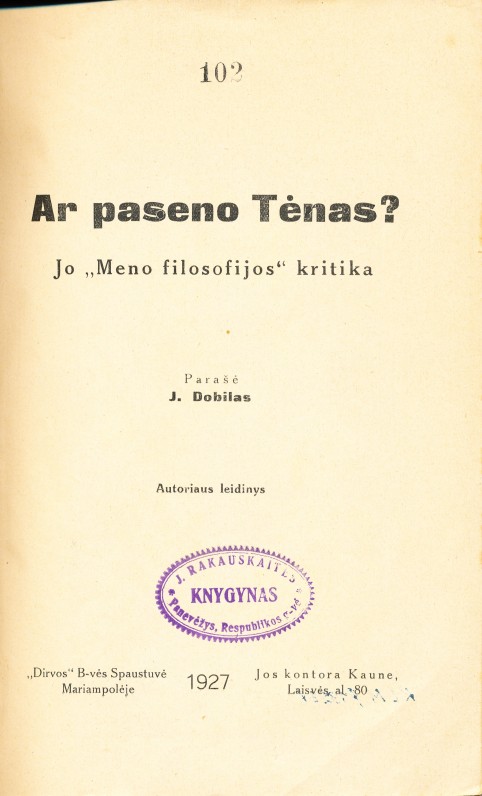 J. Dobilas. Ar paseno Tenas. Marijampolė, 1927 m.
