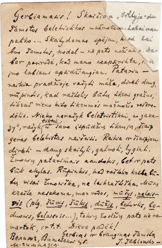 J. Jablonskio atvirlaiškis mokytojui Justinui Strimaičiui. 1916.02.15