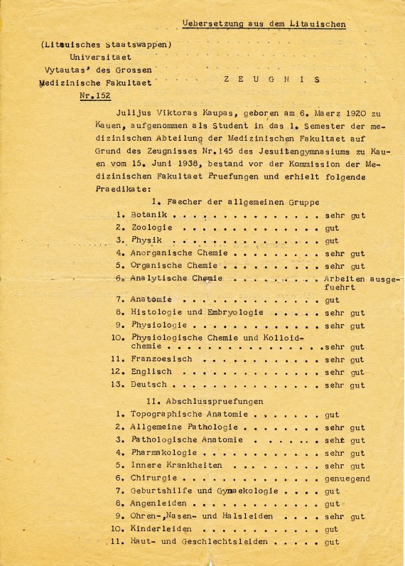 J. Kaupo Vytauto Didžiojo universiteto Medicinos fakulteto baigimo pažymėjimas. Kaunas, 1944 m.
