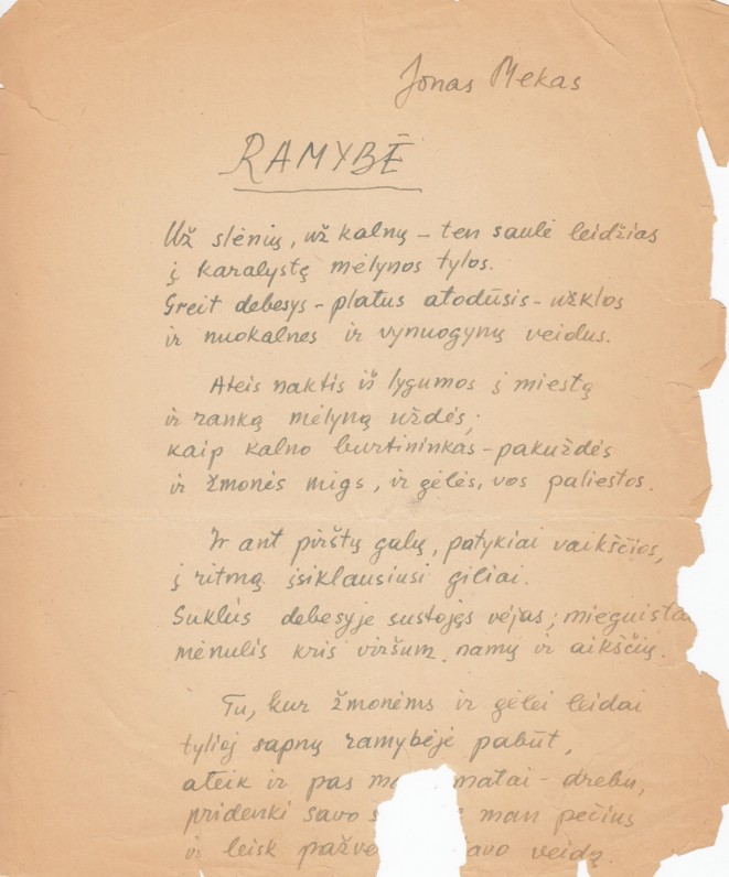 J. Meko rankraštis. Apie 1945 m.