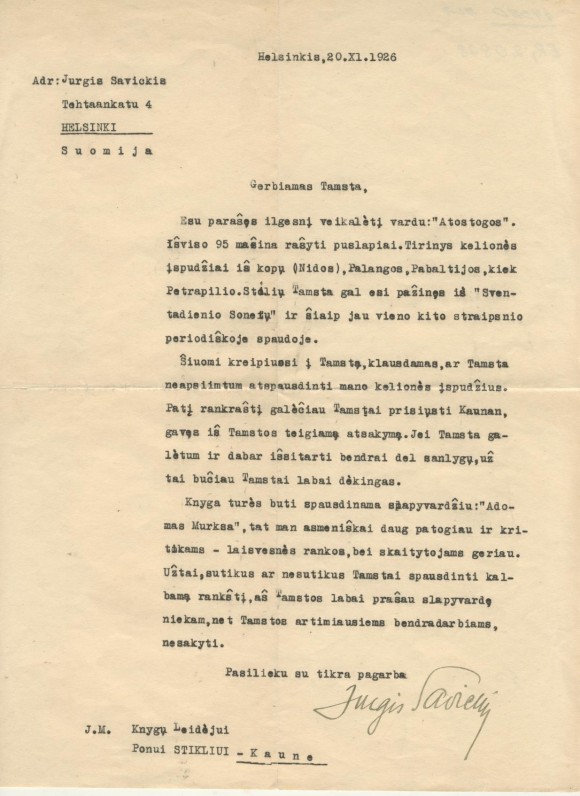 J. Savickio laiškas leidėjui P. Stikliui. 1926 m. lapkričio 20 d.