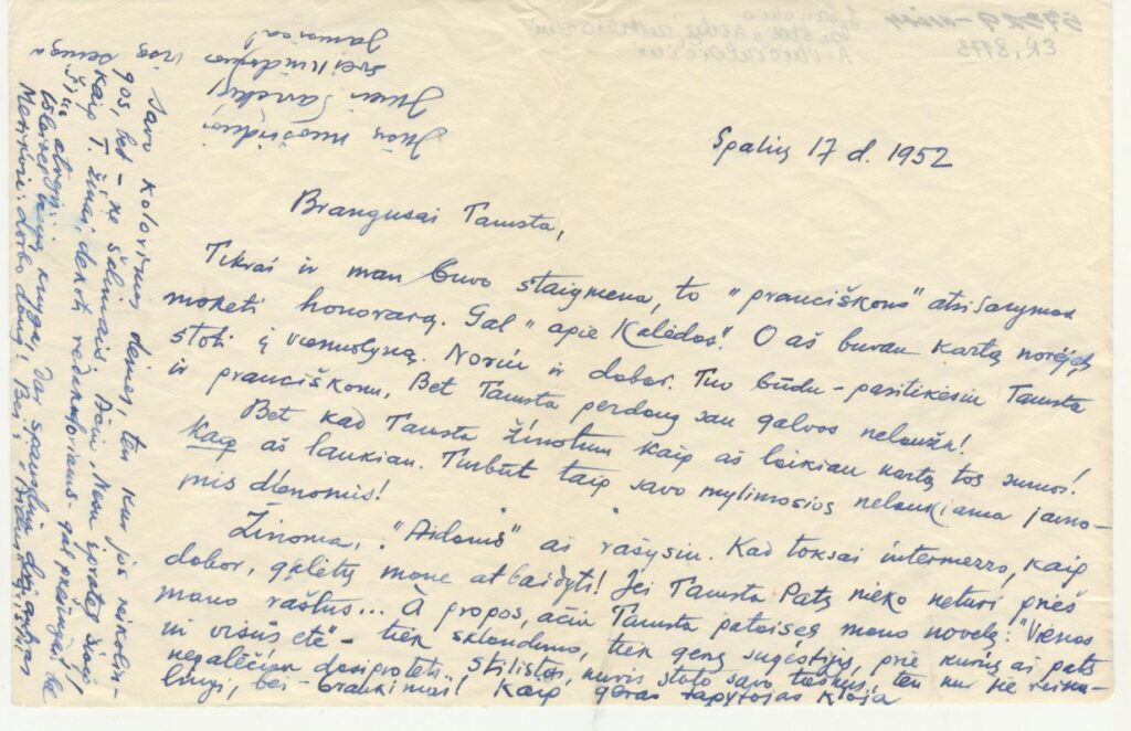 J. Savickio laiškas „Aidų“ redaktoriui A. Vaičiulaičiui. 1952 m. spalio 17 d.