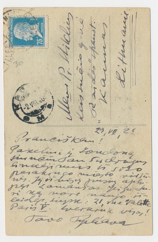 J. Tysliavos atvirlaiškis Pranciškui Stikliui nuo Sen Mišelio kalno. 1926 m., 2