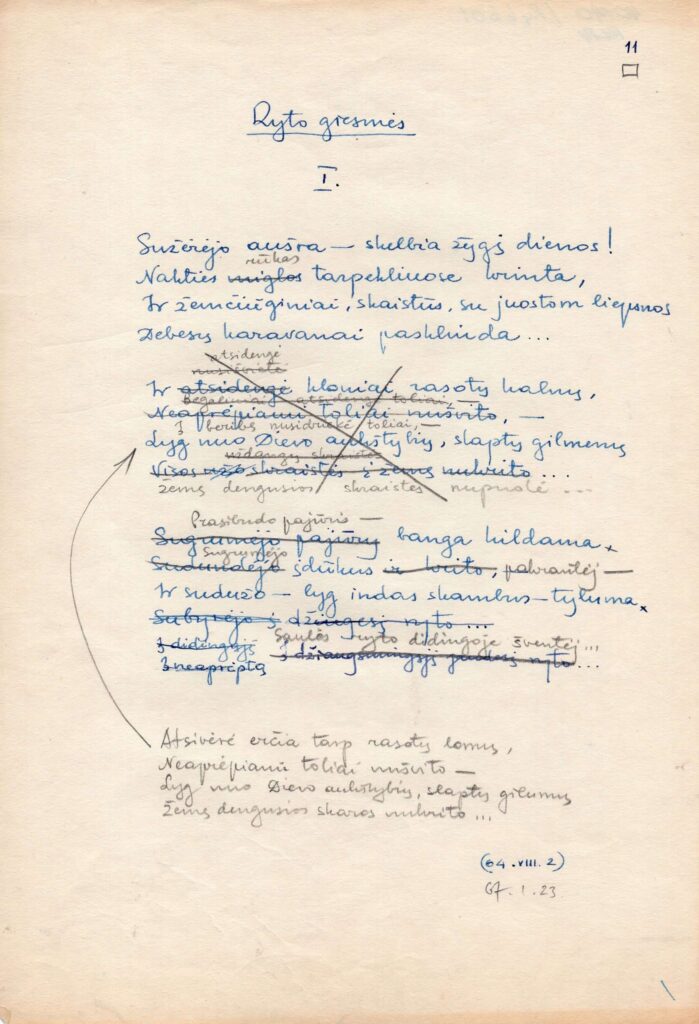 J. Baltrušaitis. „Ryto giesmės“. Iš rinkinio „Žemės laiptai“. Lino Brogos vertimas iš rusų kalbos. 1967-01-23. MLLM 40140