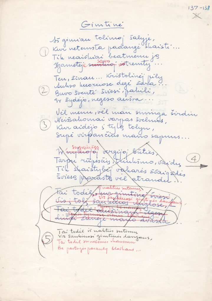J. Baltrušaitis. „Gimtinė“. Iš rinkinio „Žemės laiptai“. L. Brogos vertimas iš rusų k. 1969-01-13. MLLM 40140