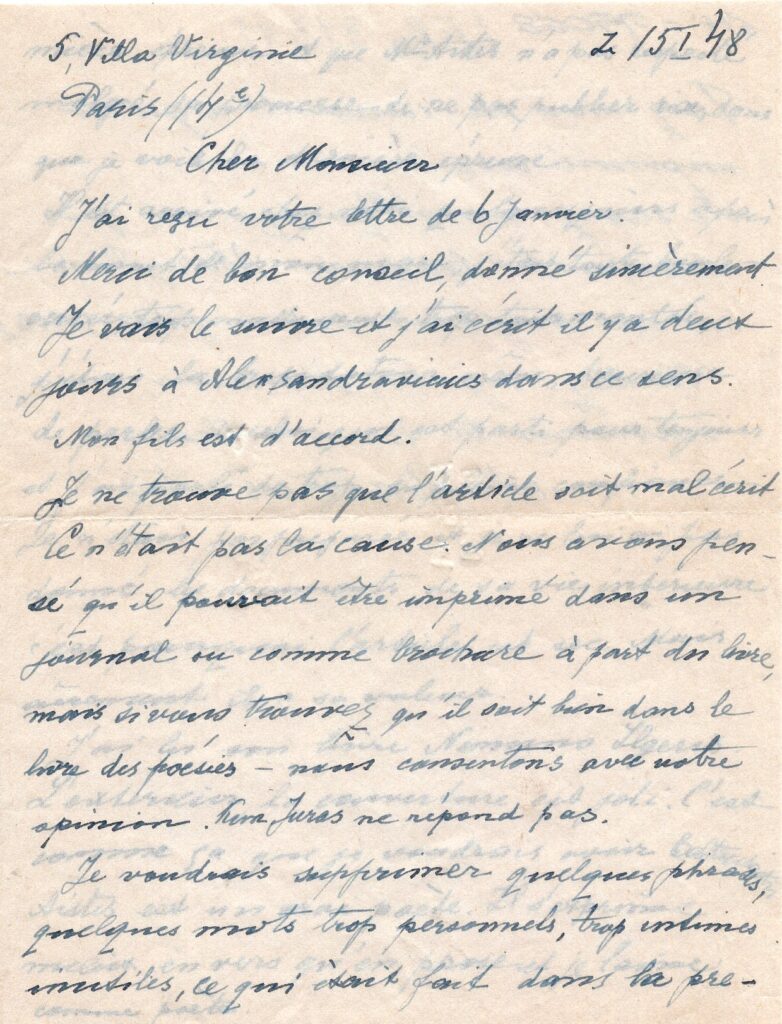 J. Baltrušaičio žmonos Marijos laiškas rašytojui Antanui Vaičiulaičiui. 1948-01-05. Rašyta prancūzų k. MLLM 75068