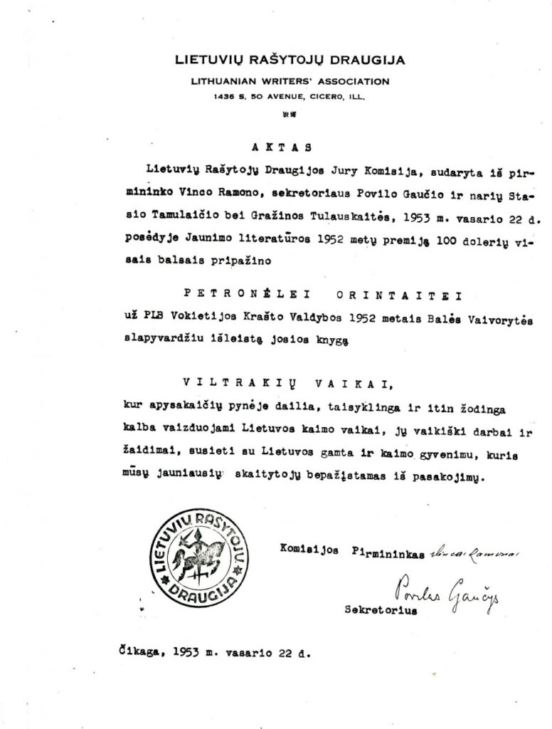Jaunimo literatūros premijos skyrimo akto kopija