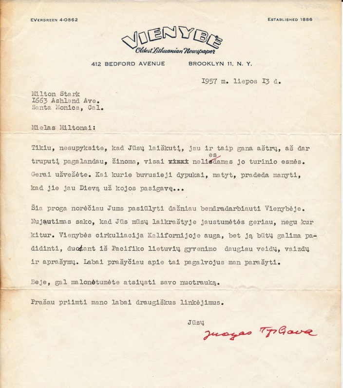Juozo Tysliavos laiškas M. Starkui