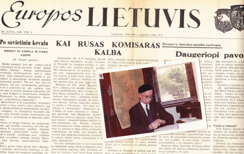 K. Barėno ilgus metus redaguotas laikraštis „Europos lietuvis“ ir pats redaktorius savo darbo vietoje. Londonas. Apie 1980 m.