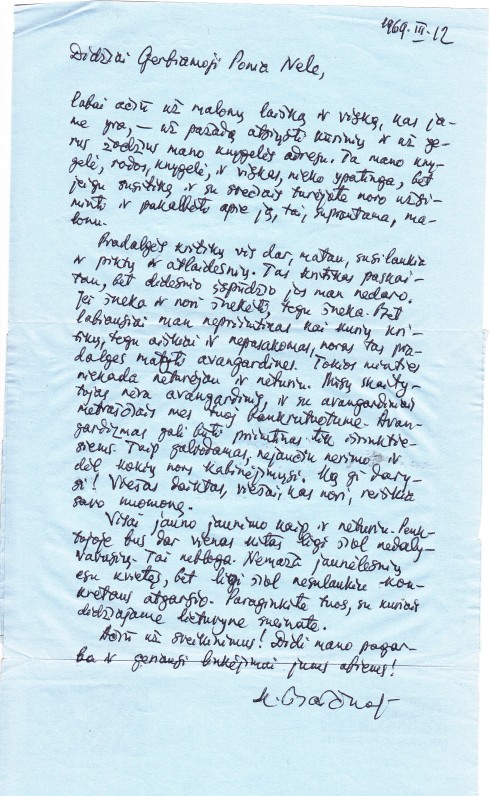 K. Barėno laiškas Nelei Mazalaitei. 1969 03 12