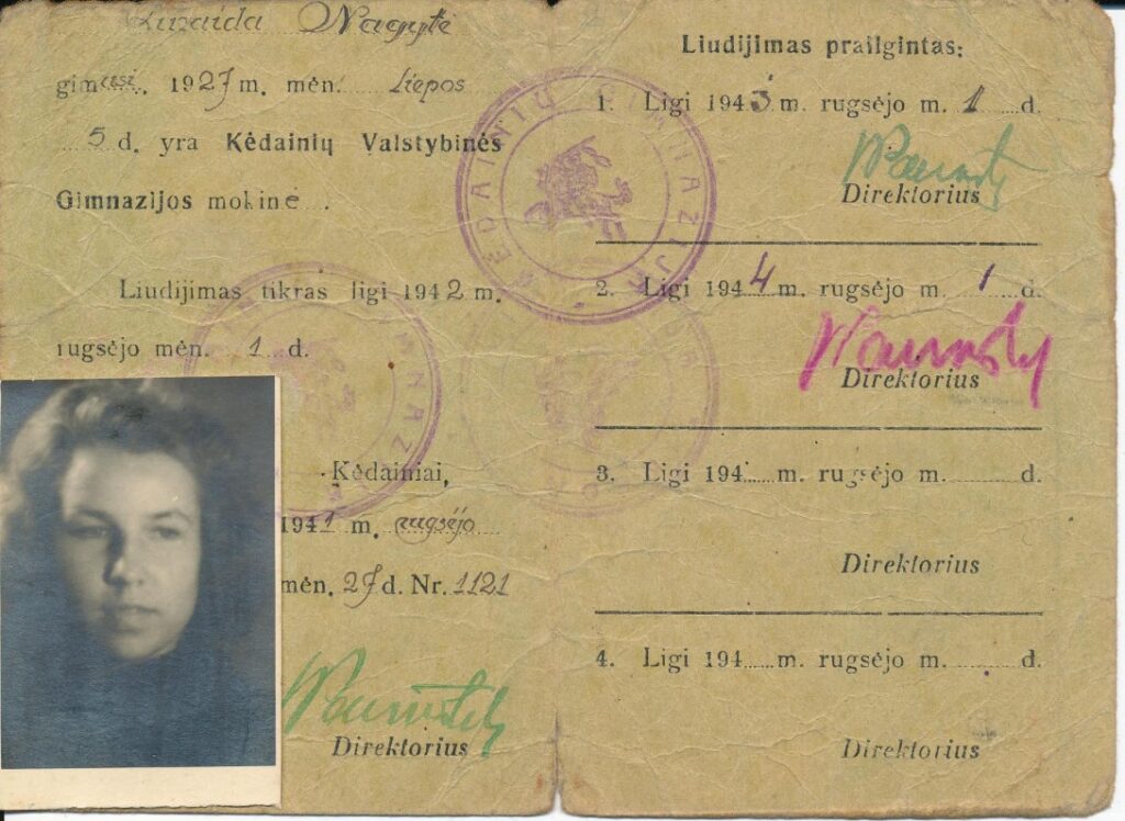 Kėdainių valstybės gimnazijos pažymėjimas, išduotas mokinei Z. Nagytei. 1944 m.