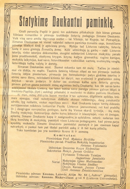 Kreipimasis dėl paminklo S. Daukantui. 1924 m.