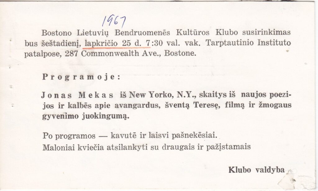 Kvietimas į J. Meko renginį