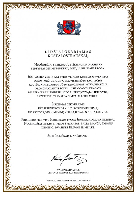 LR Prezidento Valdo Adamkaus sveikinimas