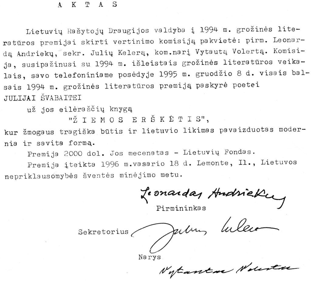 LRD premijos paskyrimo aktas J. Švabaitei už eilėraščių knygą „Žiemos erškėtis“. 1995 12 08