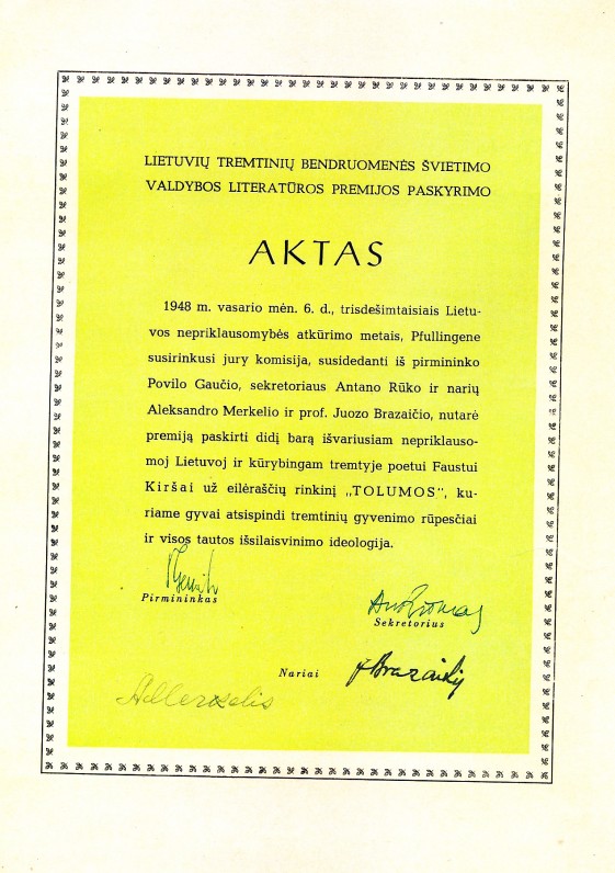 LRD tremtyje komisijos aktas F. Kiršai už knygą „Tolumos“