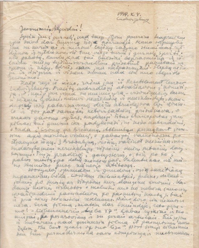 Laiškas bičiuliui A. Landsbergiui. Ludwigsburg, 1949 10 04–05