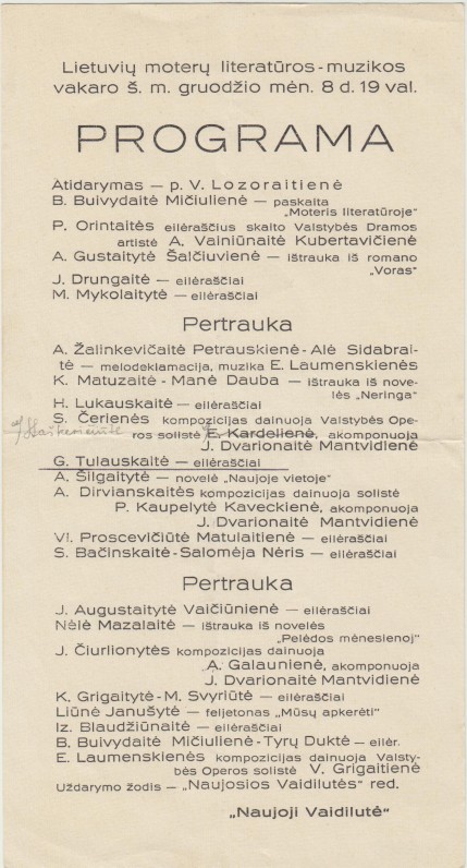 Lietuvių moterų literatūros vakaro programa. 1935 m. Pagal ją galime numanyti pirmojo vakaro, kurio programa neišlikusi, eigą