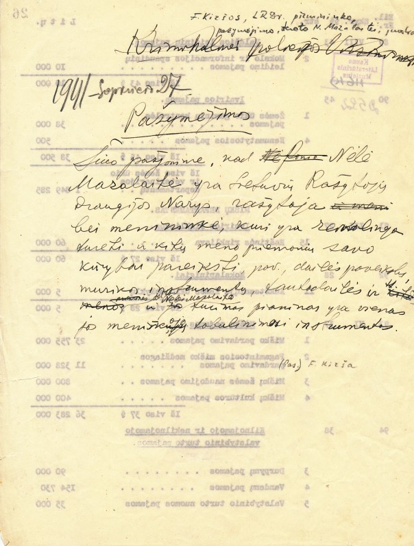 Lietuvių rašytojų draugijos pirmininko F. Kiršos, pažyma, išduota N. Mazalaitei. 1941 m.
