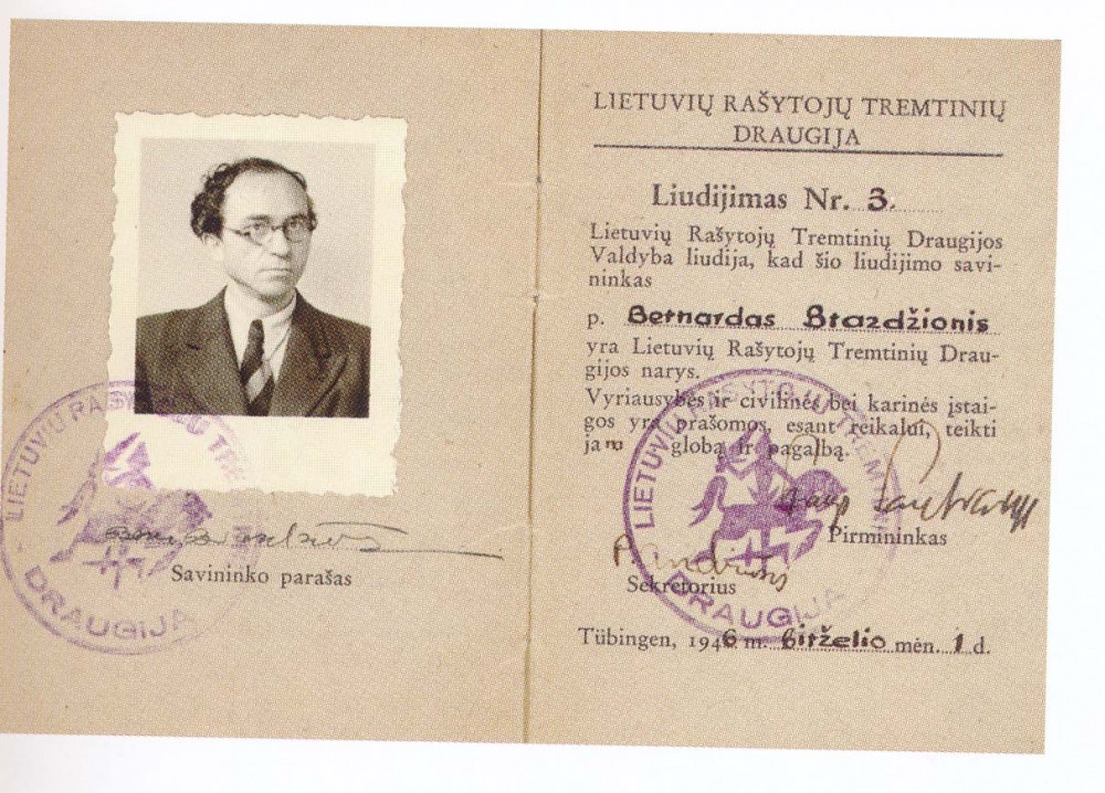 Lietuvių rašytojų tremtinių draugijos liudijimas Nr. 3, išduotas Bernardui Brazdžioniui 1946 m.