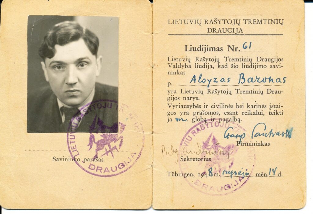 Lietuvių rašytojų tremtinių draugijos liudijimas Nr. 61, išduotas A. Baronui Tiubingene. 1948 m.