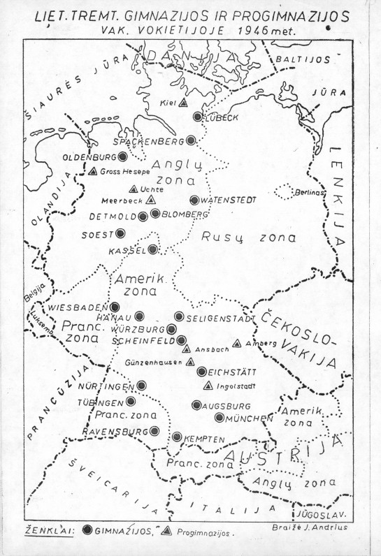 Lietuvių tremtinių gimnazijų ir progimnazijų, įsteigtų Vokietijoje, žemėlapis. 1946 m.