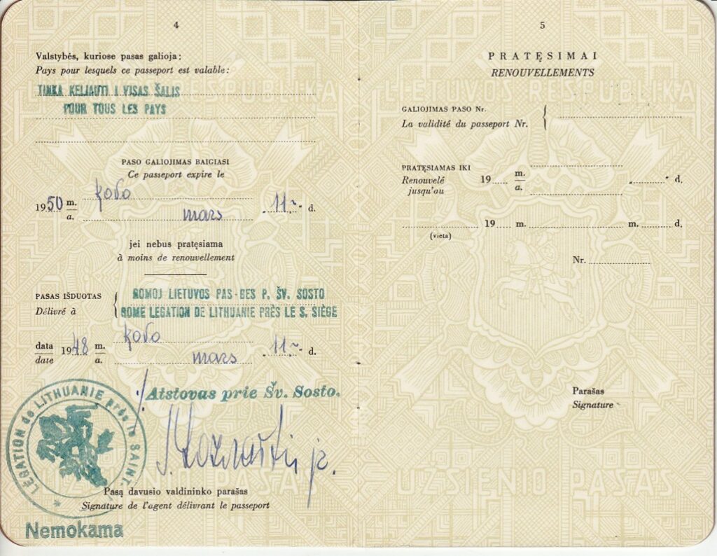 Lietuvos Respublikos užsienio pasas Nr. 2393, išduotas B. Brazdžioniui Romoje Lietuvos atstovo prie Šv. Sosto 1948 m. kovo 11 d., 3