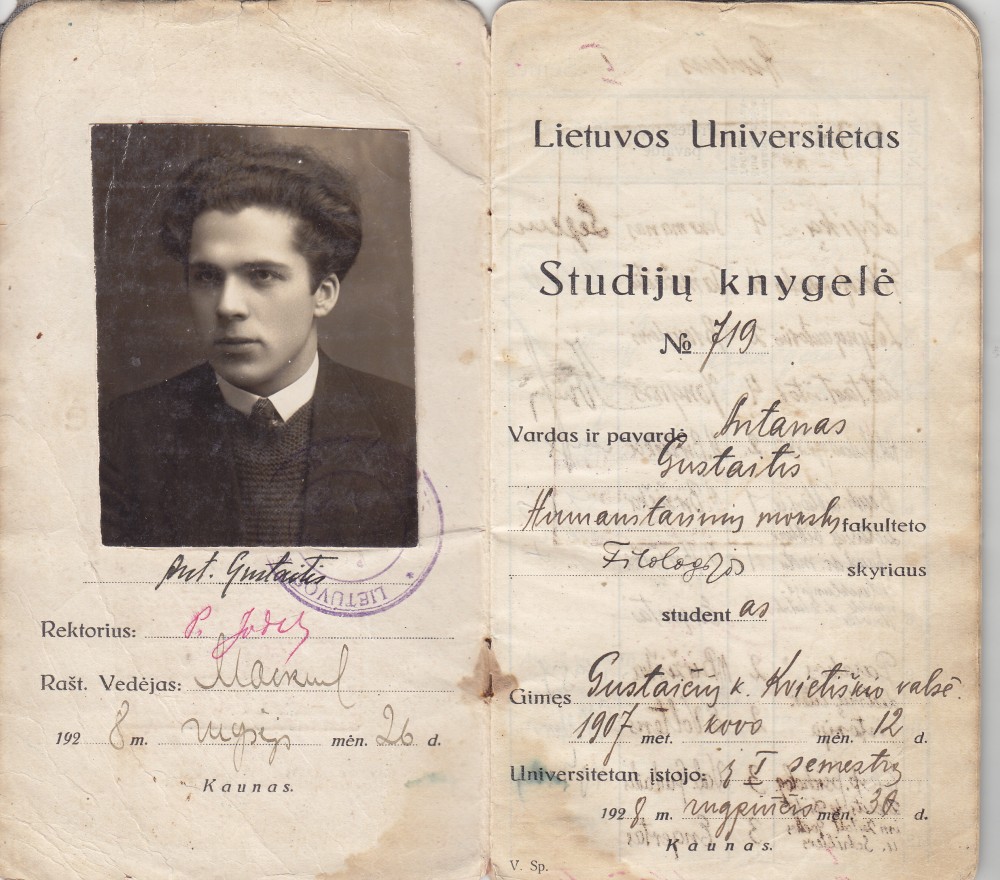 Lietuvos universiteto (dab. VDU) studento studijų knygelė. Kaunas. 1928 08 30