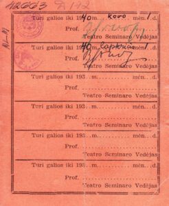 Liudijimas, jog Česlovas Grincevičius – Teatro seminaro bendradarbis. MLLM 42663