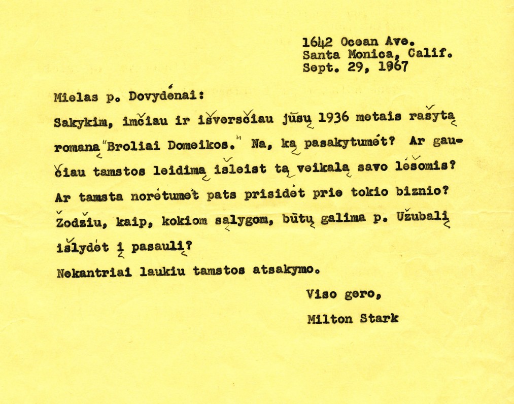 M. Starkaus laiškas Liudui Dovydėnui
