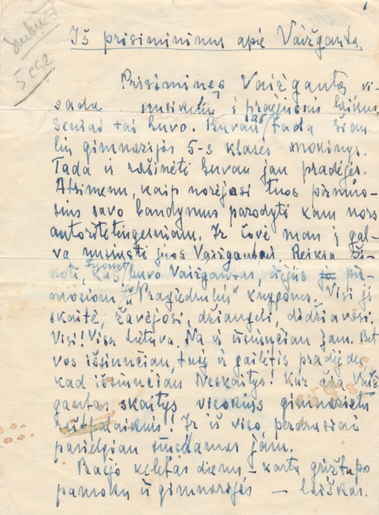 J. Paukštelio atsiminimų apie Vaižgantą rankraštis. Kėdainiai, 1969 m. MLLM 16634