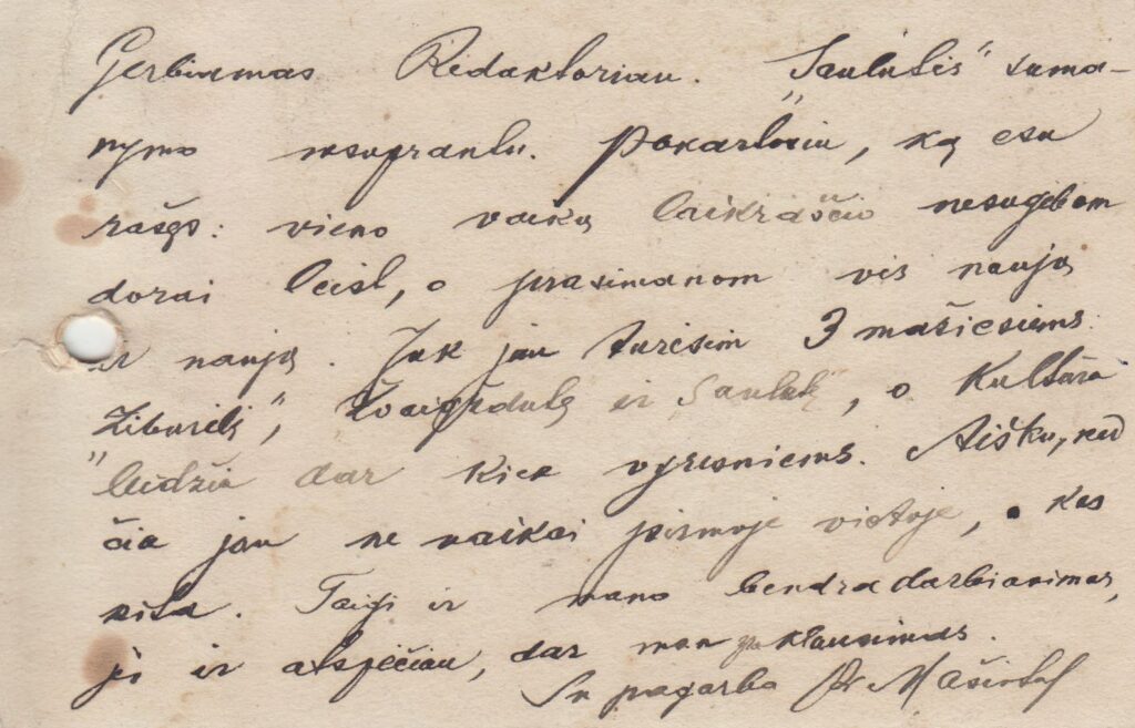 P. Mašioto laiškas A. Giedriui. 1924 m. MLLM 22318