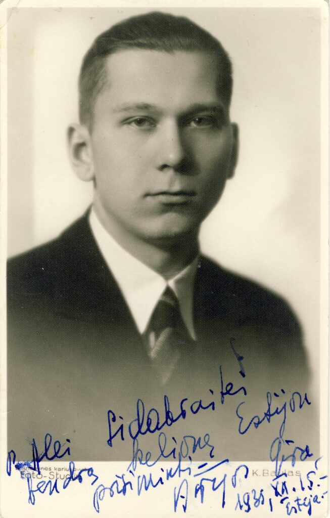 V. Sirijos Gira. Estija. 1935 12 15. Dedikacija Alei Sidabraitei. Su ja, A. Miškiniu ir V. Alantu vyko į estų – lietuvių literatūros vakarą Taline