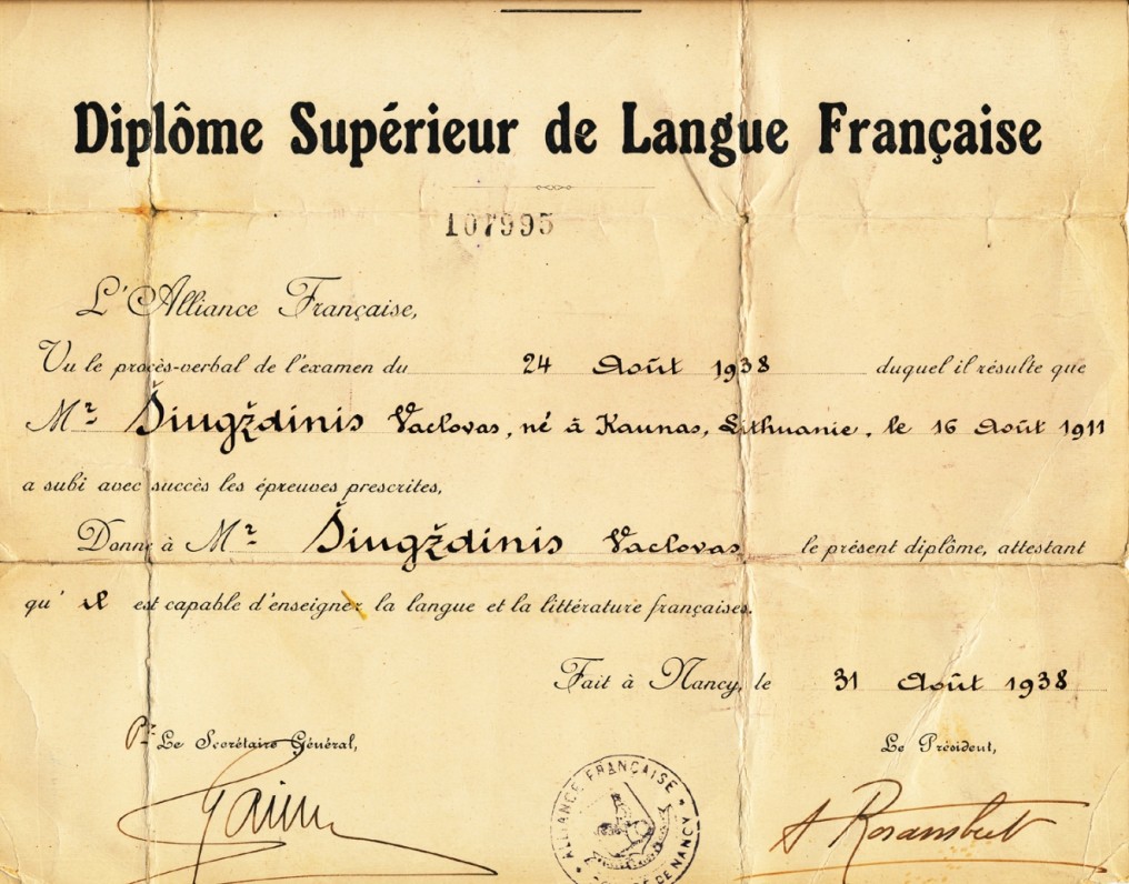Nancy universiteto prancūzų kalbos diplomas, išduotas Vaclovui Šiugždiniui 1938 m.