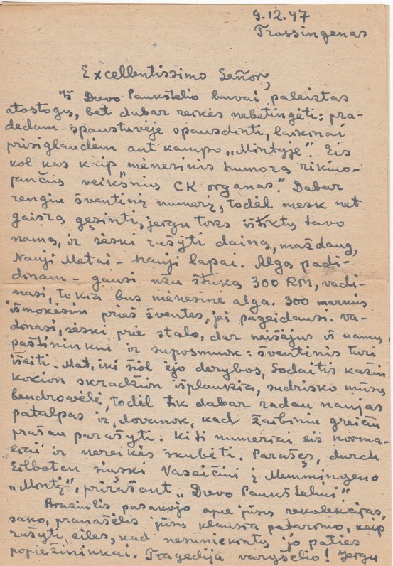 P. Andriušio laiškas A. Gustaičiui. Trosingenas. 1947 09 12