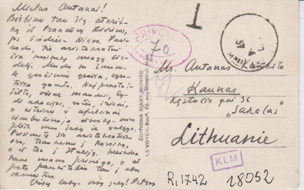 P. Cvirkos atvirlaiškis A. Kniūkštai iš Nicos